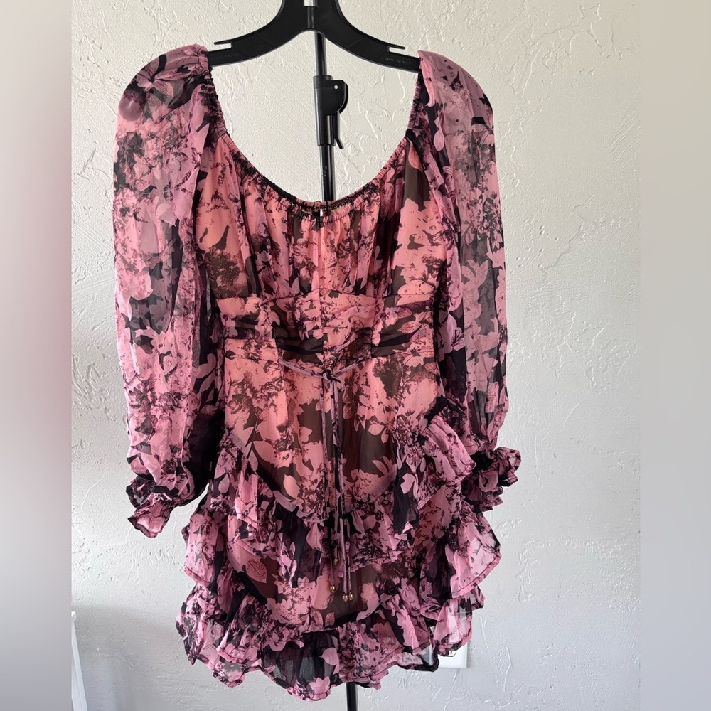 Pink and Black Floral Dress with 3/4 Sleeves